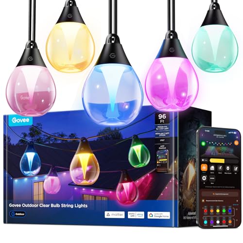 Govee Clear Bulb Outdoor String Lights, 96ft RGBWIC Dimmable Patio & Backyard Lights with 30 LED Bulbs, 111 Modes, IP67 Waterproof & Shatterproof