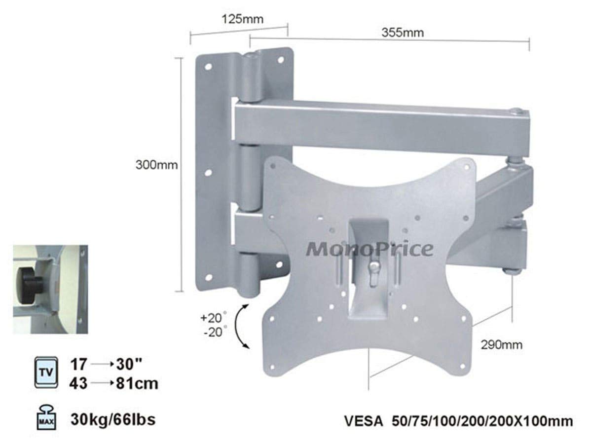 Monoprice 3 Way Adjustable Tilting Wall Mount Bracket for LCD (Max 66Lbs, 17~30inch)