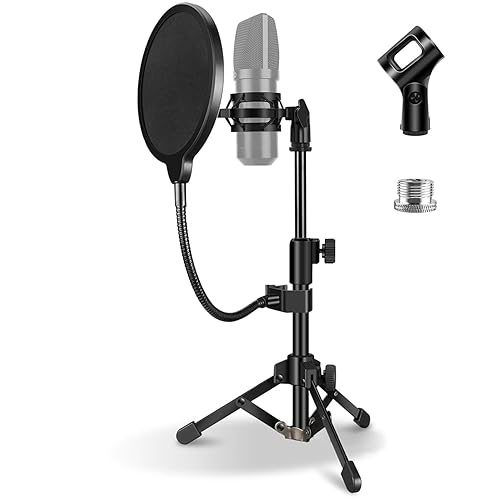 Mic Stand Desk, Table Mic Tripod Desktop Mic Stand Height Adjustable Small Microphone Stand for Desk with Pop Filter Shock Mount Mic Clip 1/4" to 5/8"