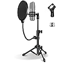 Mic Stand Desk, Table Mic Tripod Desktop Mic Stand Height Adjustable Small Microphone Stand for Desk with Pop Filter Shock Mount Mic Clip 1/4" to 5/8"