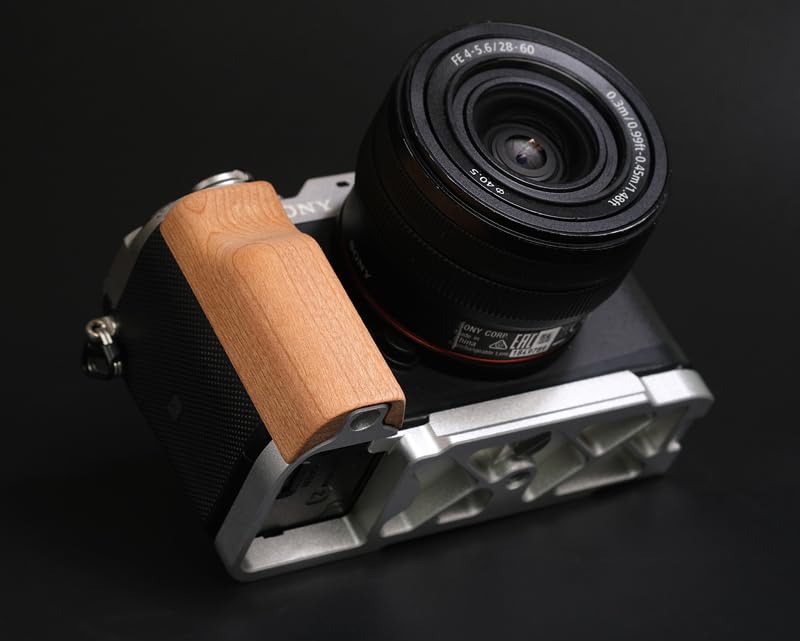 QR L Handle Hand Grip Wood Handle + Alloy Baseplate for Sony A7C Camera Holder (Cherrywood + Sliver Alloy Baseplate)