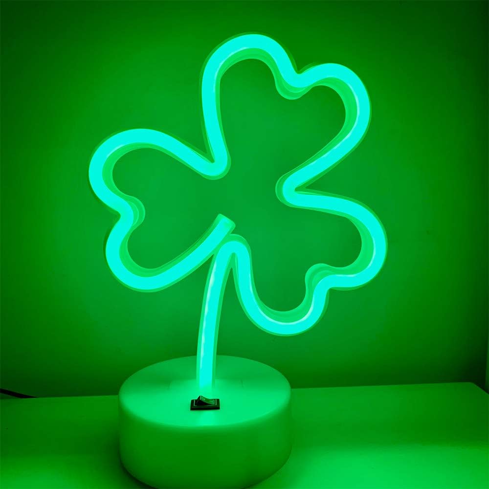 ENUOLI Shamrock Shape LED Neon Signs Green Decorative Lights USB/Battery Powered Led Light Decoration Lights with Base Lucky Grass Neon Sign Night