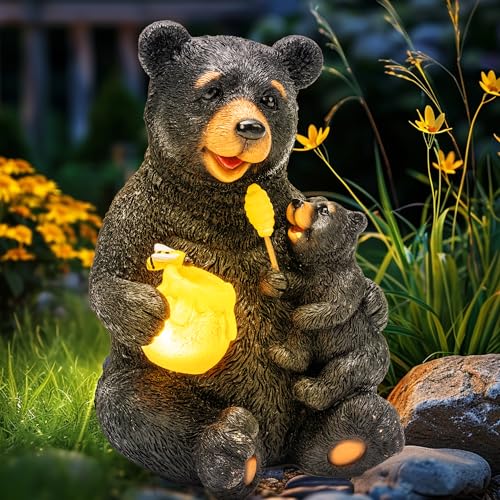 GIGALUMI Solar Garden Statues Bears 9", Loving Black Bear Decor, Yard Decorations Outdoor, Bear Figurine Lights for Outside, Garden Decor Unique