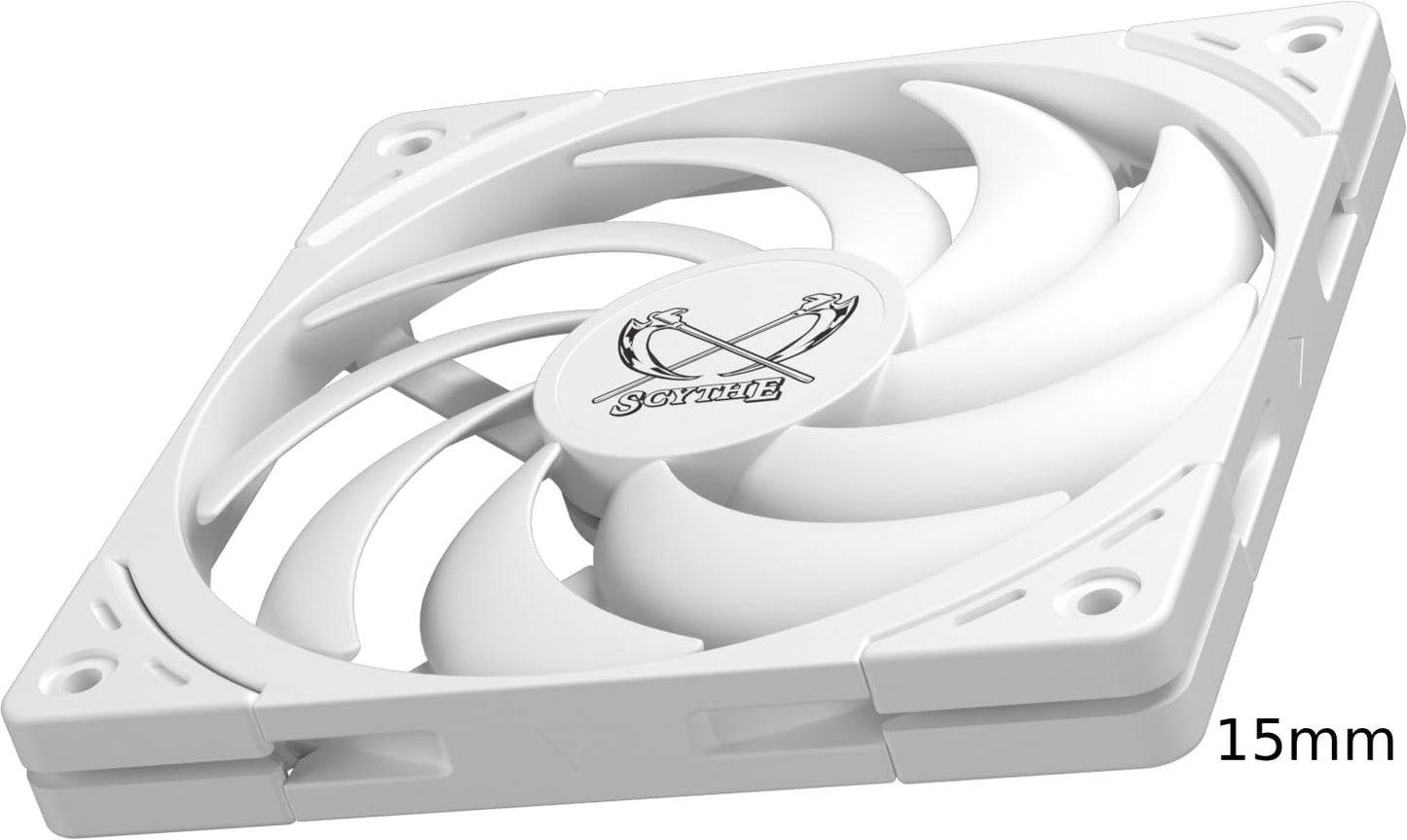Scythe Wonder Tornado 120 Slim White, 120x120x15mm, PWM Fan, High Static Pressure, 400-2000 RPM, 3.12-26.36 dBA, FDB Bearing, 12V, for Compact
