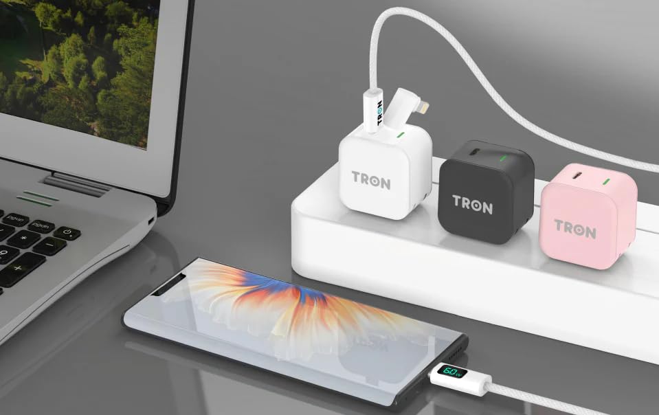 Tron 25W USB-C Power Adapter with 5FT 2-in-1 brided Cable with Digital Display - Fast Charging Solution for Home, Office, and Travel Use