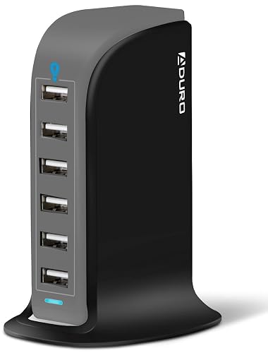 Aduro 40W 6-Port USB Desktop Charging Station Hub Wall Charger for iPhone iPad Tablets Smartphones with Smart Flow (Black/Grey)