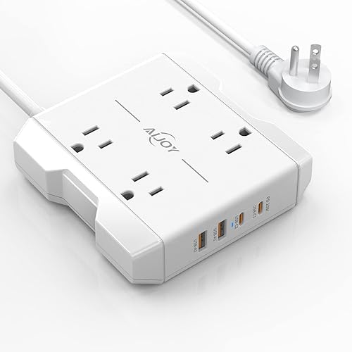 USB-C Power Strip 20W Fast Charging, AiJoy 5 FT Extension Cord, 4 AC Outlets & 4 USB Ports, Wall Mount Compact Surge Protector for Home Desk
