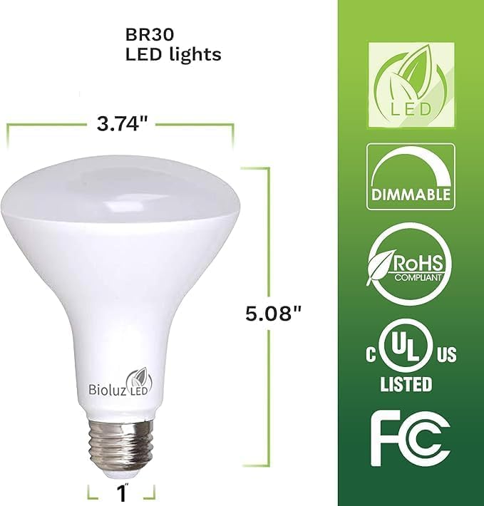 Bioluz LED 4 Pack BR30 LED Bulbs, Indoor Flood Lights High CRI 65W Equivalent uses 8W 3000K Soft White 650 Lumens, E26 Base Dimmable Instant On