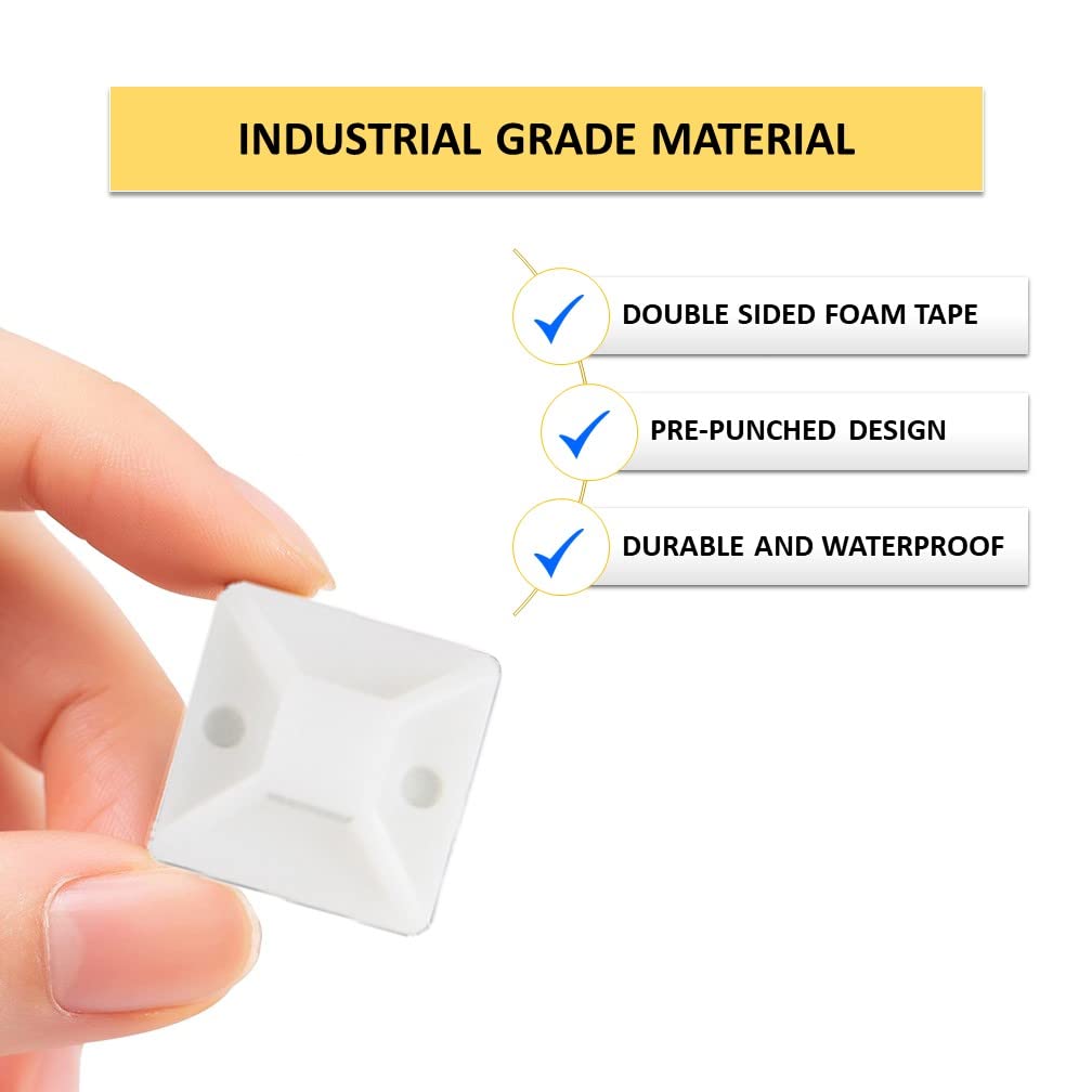 Kable Kontrol Zip Tie Mounts, 3/4” Sq, Natural White, 100 Pcs, Adhesive Backed Multi-Purpose Mounting Squares Nylon Cable Tie Wrap Anchor Pads