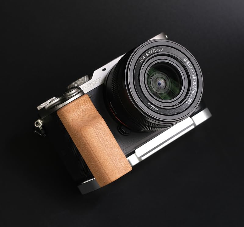 QR L Handle Hand Grip Wood Handle + Alloy Baseplate for Sony A7C Camera Holder (Cherrywood + Sliver Alloy Baseplate)
