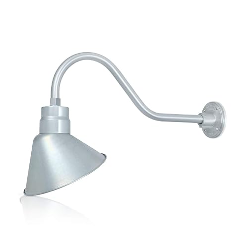 10in. Galvanized Finish Angle Shade Gooseneck Sign Light Fixture With 22in. Long Extension Arm - Wall Sconce Farmhouse, Vintage, Antique Style - UL