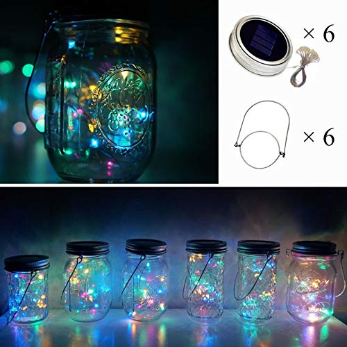 Cynzia Solar Mason Jar Lights, 6 Pack 20 LED Waterproof Fairy Star Firefly String Lights with 6 Hangers (Jar Not Included), for Mason Jar Garden