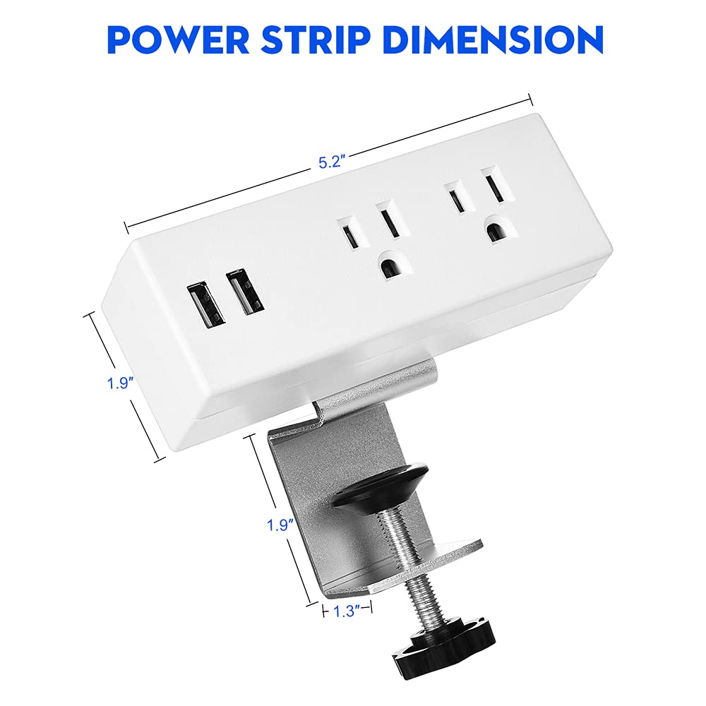 Desk Edge Power Strip with USB Ports Desktop Clamp Power Outlets Mountable Under Desk Power Socket 6'56 Feet Extension Cord ETL Certified (White)