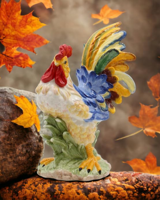 Fine Ceramic Colorful Country Rooster Figurine Multi Colors, 10 7/8" H