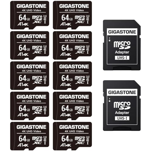 GIGASTONE 64GB Micro SD Card 10-Pack, A1 V30 4K Video Recording, Surveillance Security Cam Action Camera Drone Professional, 90MB/s Micro SDXC UHS-I