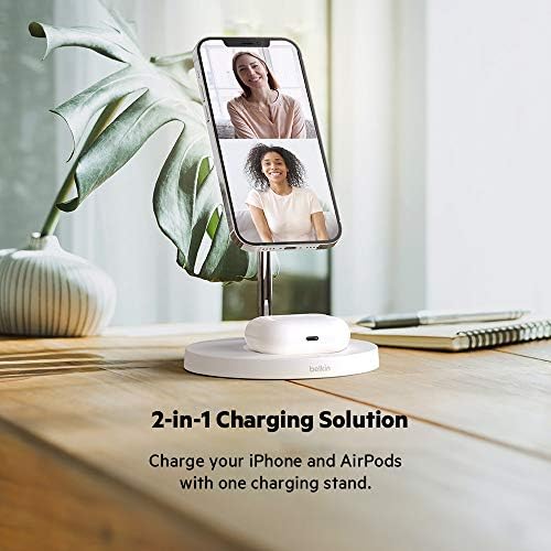 Belkin MagSafe 2-in-1 Wireless Charging Stand for Apple iPhone 17, iPhone 16, iPhone 15, iPhone 14 Series & AirPods - MagSafe Fast Charging Station