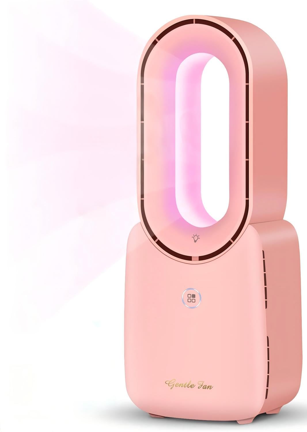 Misby Rechargeable Bladeless Desk Fan, 11.8 Inch with 5-Color LED Light, Small Quiet Table Fan for Bedroom Home Office Desk, Pink