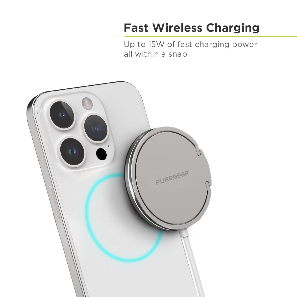 PureGear Kickstand 15W Qi-Certified Fast Magnetic Wireless Charging Pad for iPhone 15/15Pro/15ProMax/14/13/12 Series Work with MagSafe Case