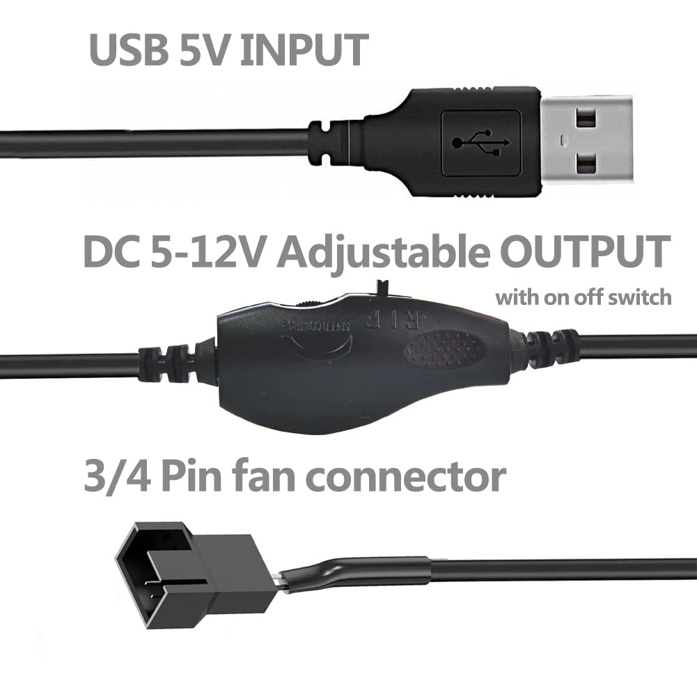 Delinx 12V Fan Speed Controller, Fan Power Adapter,USB 5V Step UP Boost to DC 12V Adapter, 5-12V Adjustable, with 3/4 Pin Fan Connector Cable, 4.8ft