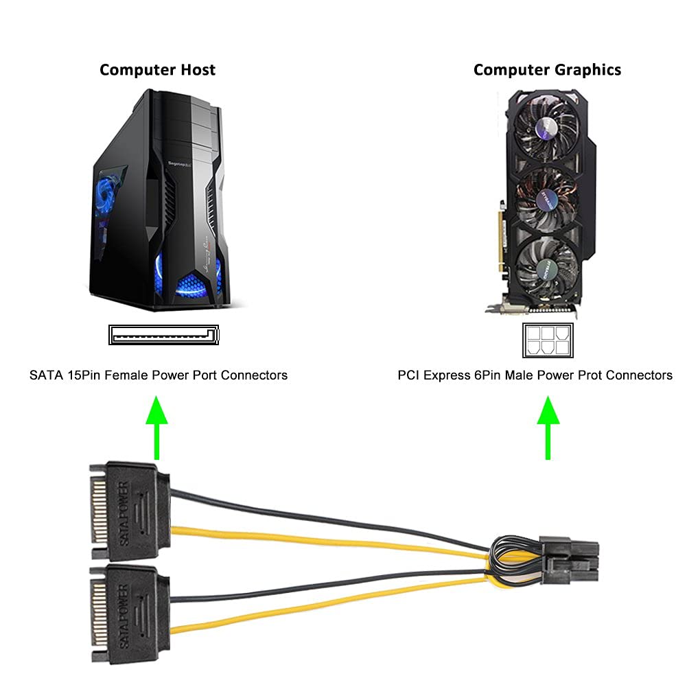J&D 6 Pin PCIe to Dual SATA Power Cable, 2X SATA to 6 Pin PCIe Express Graphics Video Card Power Cable Adapter (2 Pack), 8 Inch