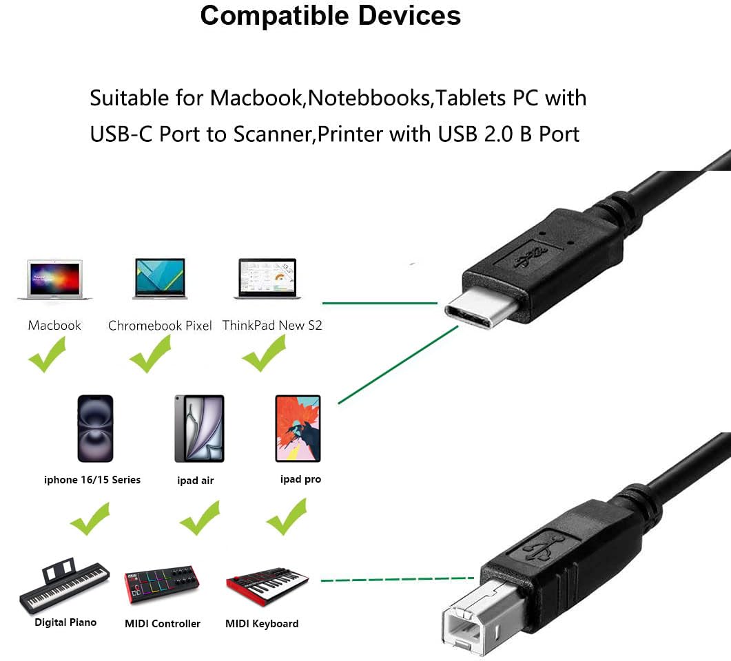 Storel for iPhone 15 Printer Cable 6.6FT, USB B to USB C Printer Cord for MacBook Pro iPhone 16 Pro, Air, MIDI Cable for Yamaha Casio Digital Piano