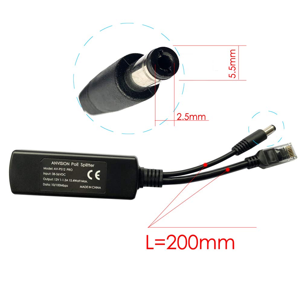 ANVISION 4-Pack Active 48V to 12V PoE Splitter Adapter, Plug 5.5mm x 2.5mm, IEEE 802.3af Compliant 10/100Mbps
