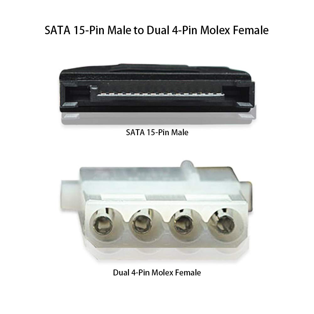 Blacell 6" SATA 15-Pin Male to Dual 4-Pin Molex Female Y Splitter, 308977