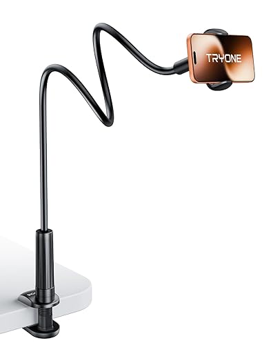 Tryone Gooseneck Phone Holder Hands-Free for Phone Viewing Or Recording, Adjustable Stable Metal Cell Stand Mount for Desk Table Bed, Soporte para