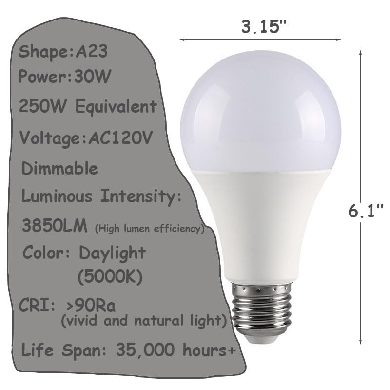 LED Light Bulbs 250W Equivalent, 30W 3850 Lumens LED Bulb,Dimmable Light Bulb, A23 E26 Standard Base, 35000 Hour Lifetime, 2 Packs (Daylight 5000K)