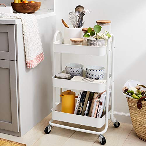 Amazon Basics 3-Tier Rolling Utility or Kitchen Cart, Lockable Wheels, Multifunctional Storage, White