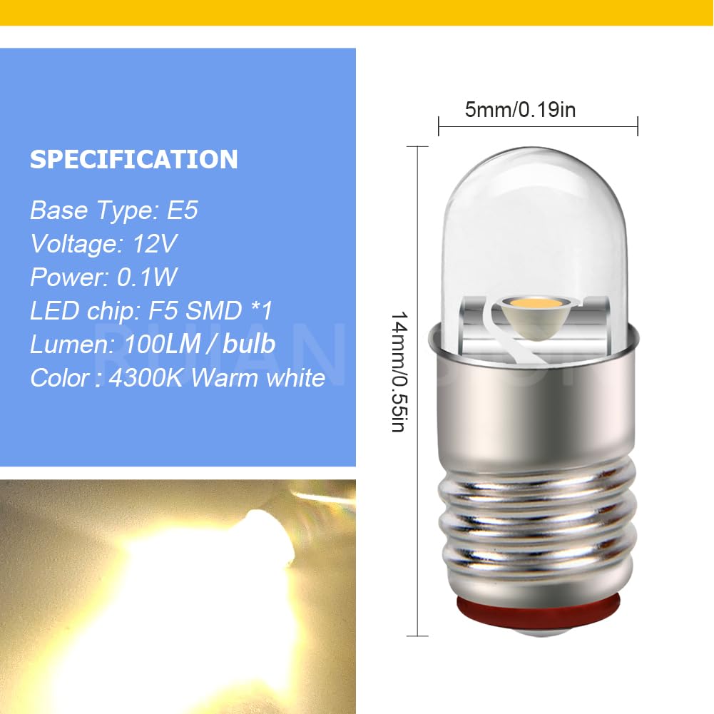 Ruiandsion E5 LED Bulb 12V Warm White E5 E5.5 Screw Base LED Bulb Upgrade for Modle Train Lights(Pack of 10)