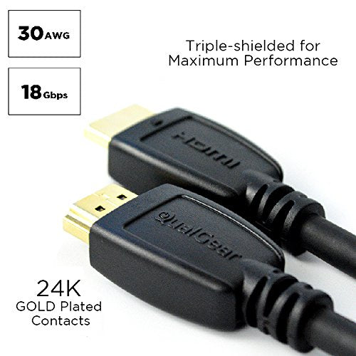 QualGear High Speed HDMI 2.0 Cable with Ethernet (3 Feet) - 100% OFC Copper, 24K Gold Plated Contacts, Triple-Shielded. Supports 4K Ultra HD, 3D, 18