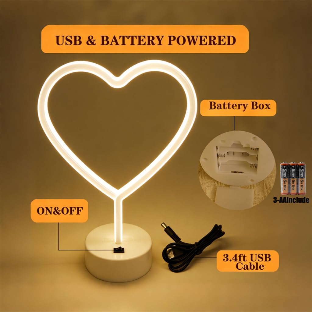 LOVE Heart Shaped Neon Night Light - USB/Battery Operated, Switch Control Desk Lamp for Bedroom Living Room Decor Gift ,Valentine's Day Wedding Party
