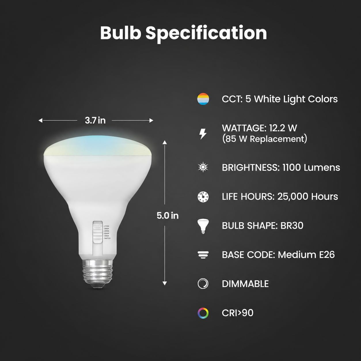 Feit Electric BR30 LED Light Bulb, 85W Eq, 5CCT 6Way, 2 Pack
