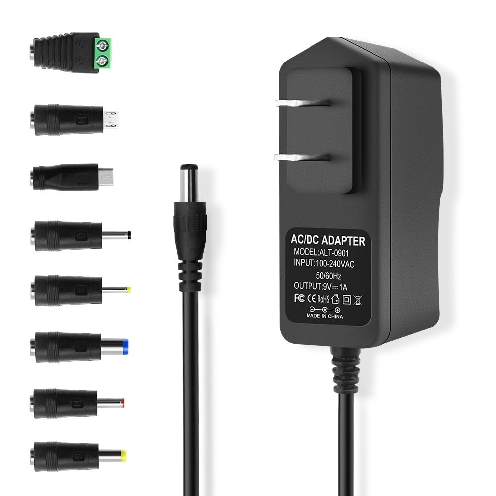 9V 1A DC Power Supply Adapter, AC 100-240V 50-60Hz to 9 Volt 1 Amp Transformer, DC 9V Power Cord with 【5.5 x 2.5mm / 2.1mm Barrel Plug Tip Positive】