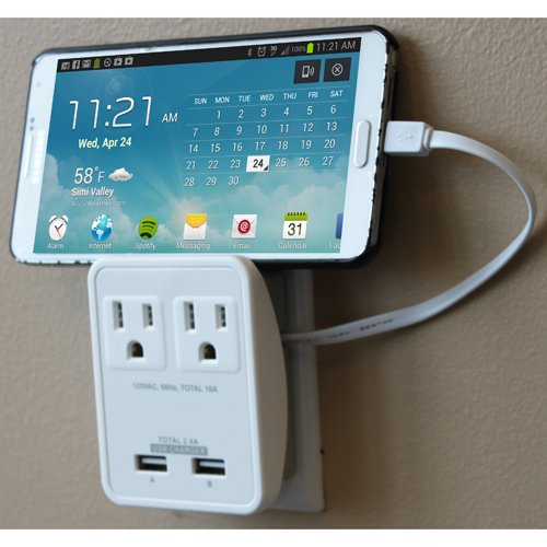 RND Compact Power Station 2.4 Amp Dual USB Ports, 2 AC Outlet Wall Charger (white)