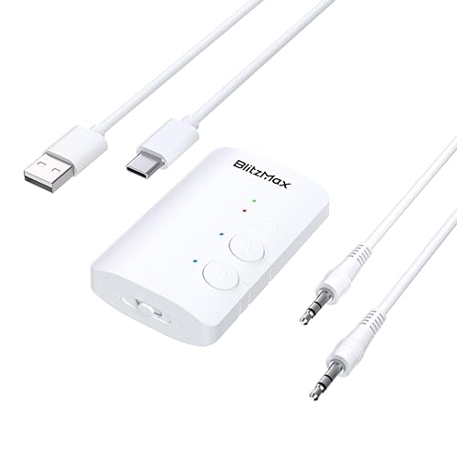 BlitzMax Bluetooth 5.3 Adapter Transmitter/Receiver 2-in-1 Mini Wireless with 3.5mm Audio Cable, Dual Link AptX Adaptive Bluetooth Adapter