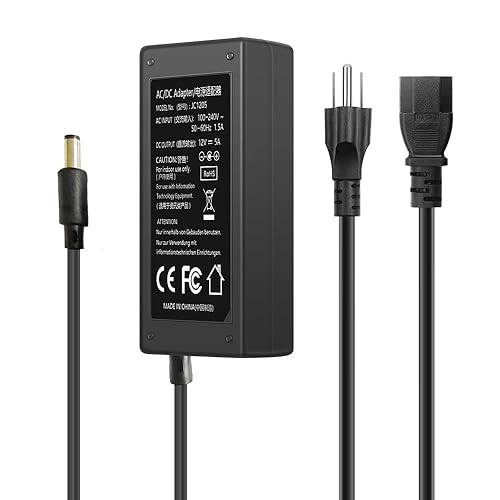12V 5A Power Supply Adapter 60W AC Adapter 100-240V 50-60Hz to DC 12 Volt 5 Amp Cord with 【5.5mm x 2.5mm Barrel Plug】, 12VDC AC/DC Switching…
