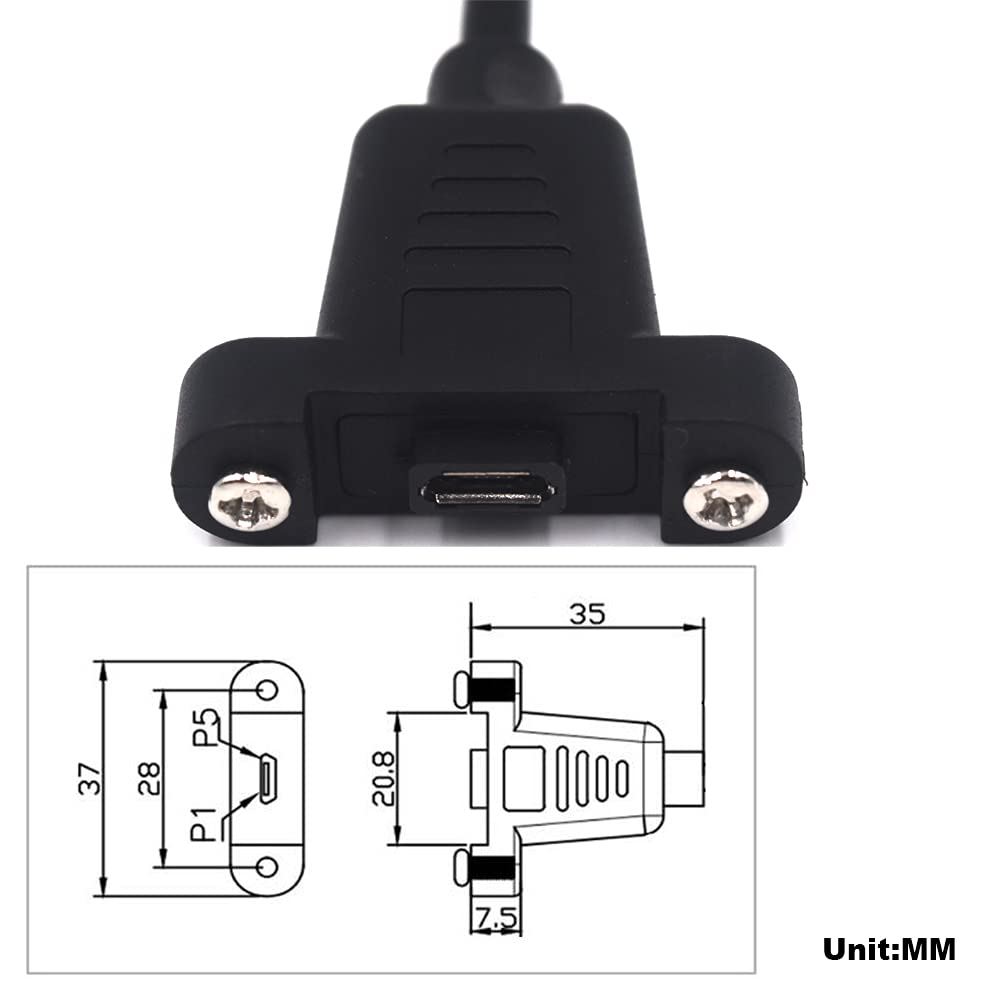 Kework 0.3 Meter Micro USB 5 Pin Extension Cable, Left Angle Micro USB Male to Female Extender Bolt Screw Lock Mount Cable, Sync Data & Charging