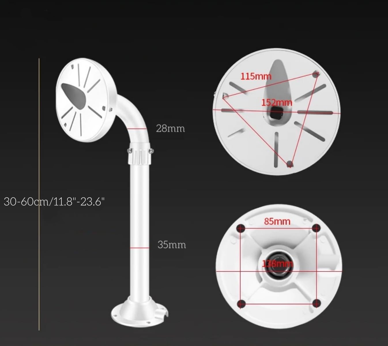 BeElion 11.8-23.6" Telescopic Adjustable J-Shaped Security Camera Mount - Wall & Ceiling Bracket for Dome CCTV Cameras, Universal Surveillance Cameras