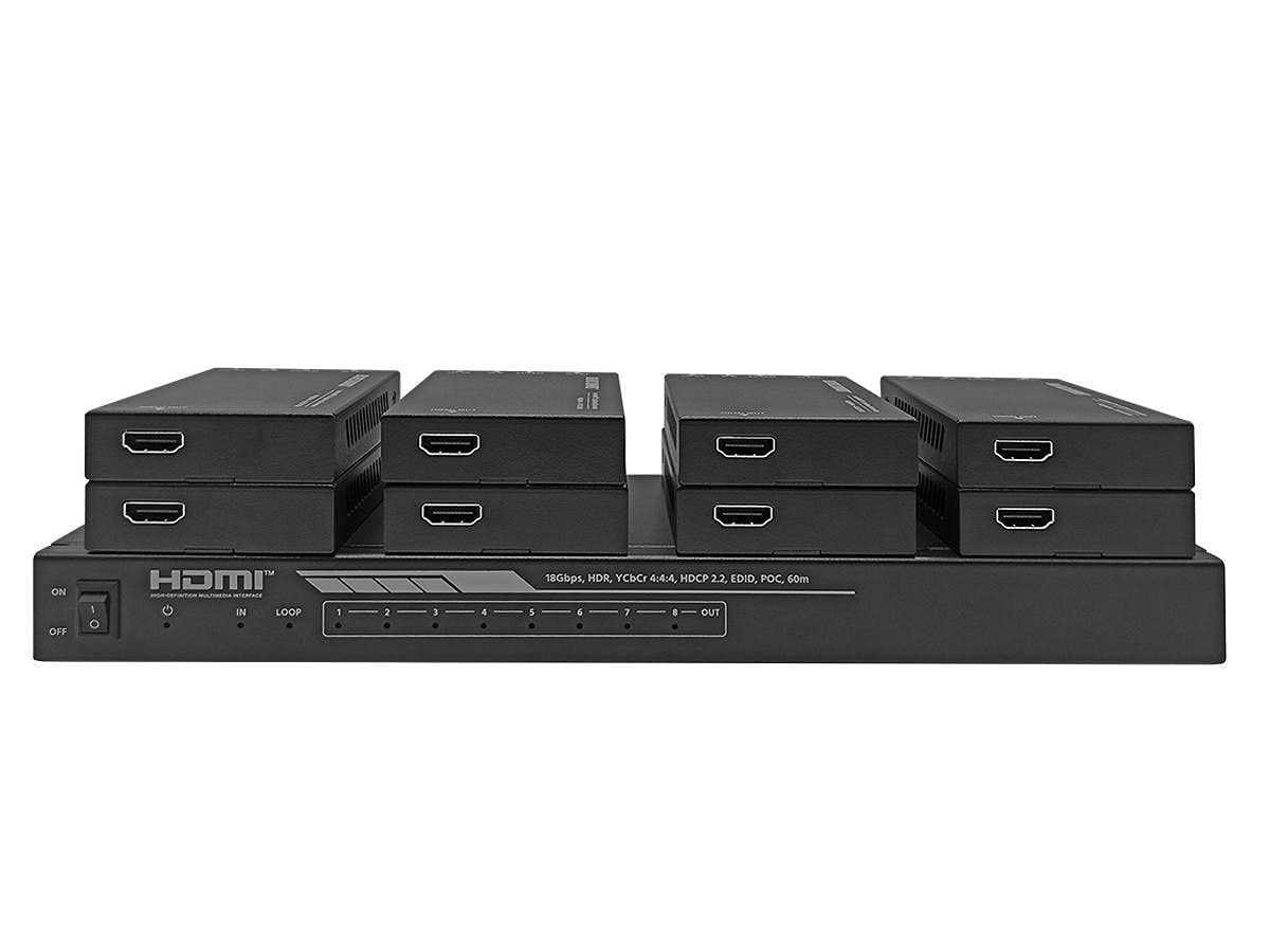 Monoprice 4K HDMI 2.0 1x8 Splitter Extender Kit - Up to 60 Meters 4K@60Hz, 18Gbps, HDR10, HDR10+, Dolby Vision, Hyper Log‑Gamma, HDCP 2.2, HDMI Loop