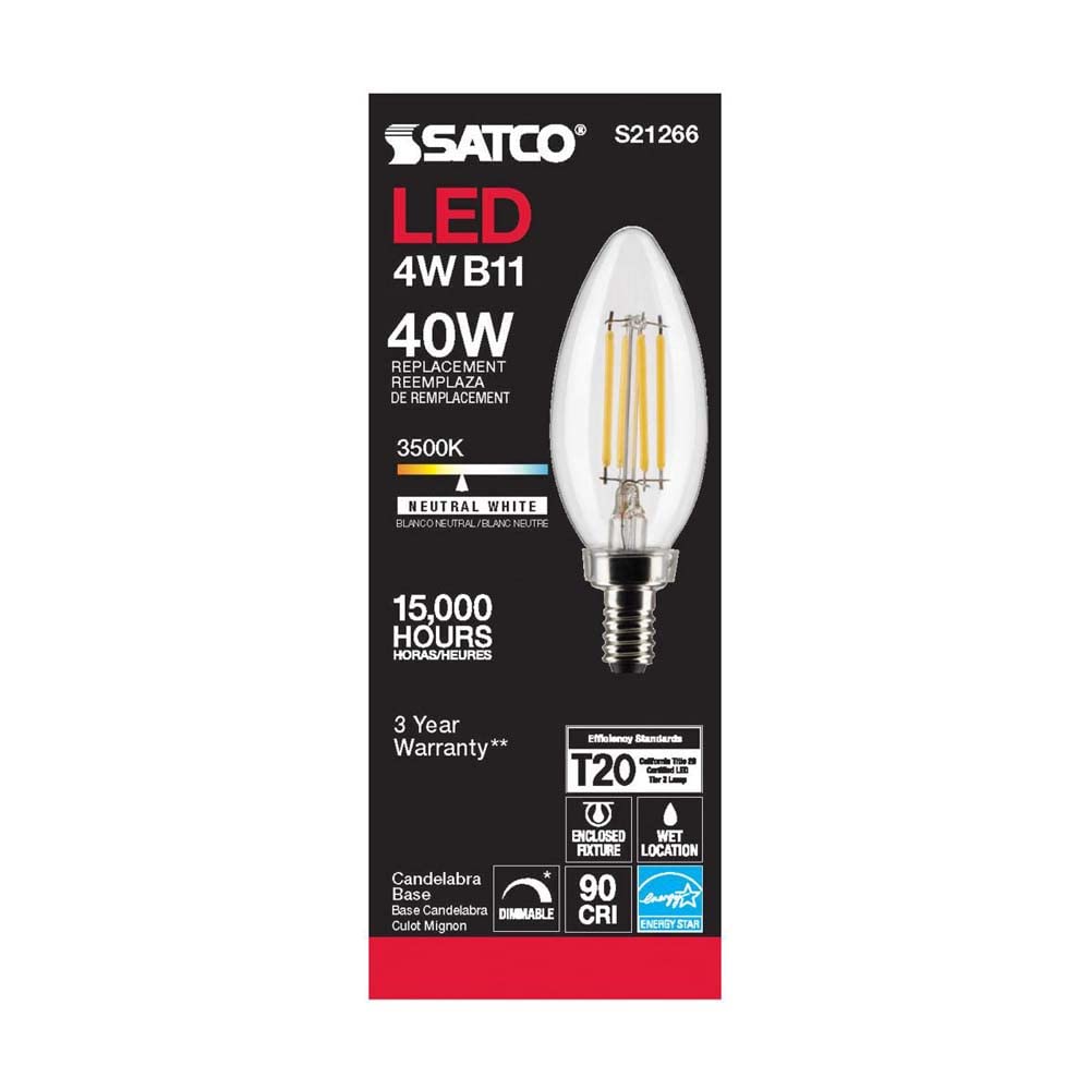 Satco 4 Watt B11 LED Filament Candle Light Bulbs - E12 Candelabra Base - 3500K Neutral White 350 Lumen - 120 Volt - Dimmable & Wet Location -