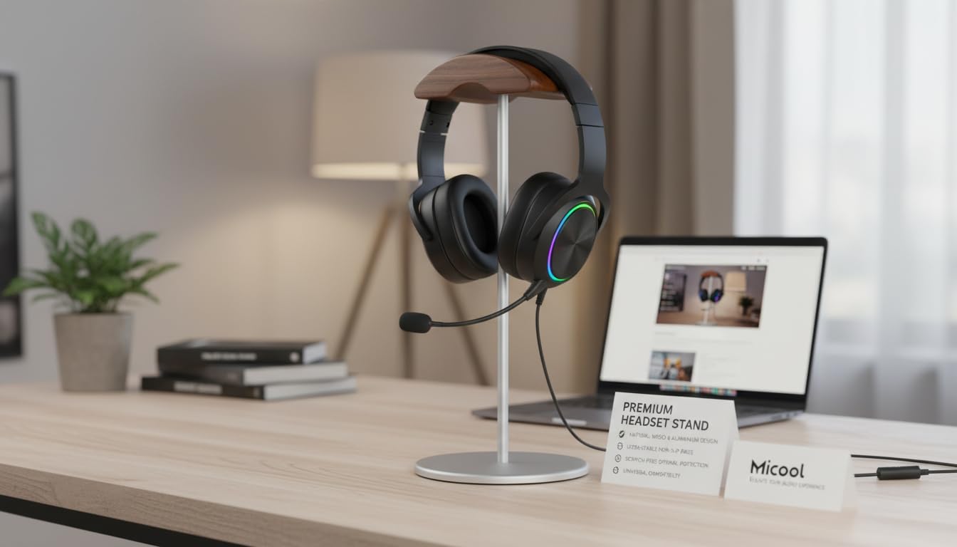 Micool Headphone Stand, Aluminum & Wood Holder with Heavy Stable Base, Universal Gaming Headset Stand for Desk, Compatible with All Over-Ear…