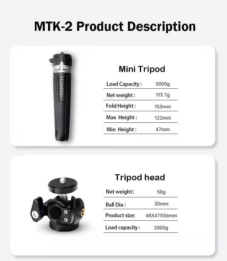 Portable & Sturdy Adjustable Phone Tripod,Cell Phone Mount Easy to Adjust 360° Ball Head, Mini Tripod with Cold Shoe Mount, 1/4'' Screw for Magic