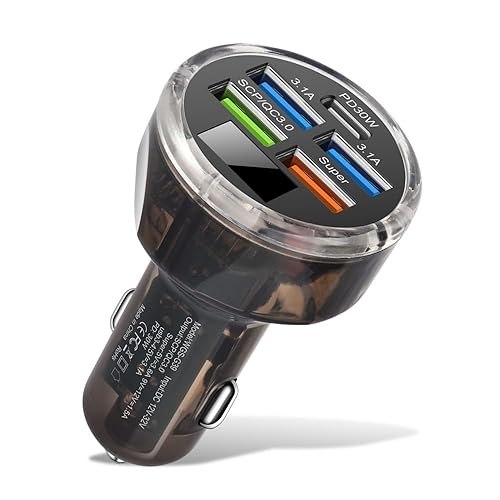 Alanph 5 Multi Port USB C Car Phone Charger Adapter, 65W Super Fast Charging Car Cigarette Lighter USB Charge with Voltage Display for iPhone 16 15 14