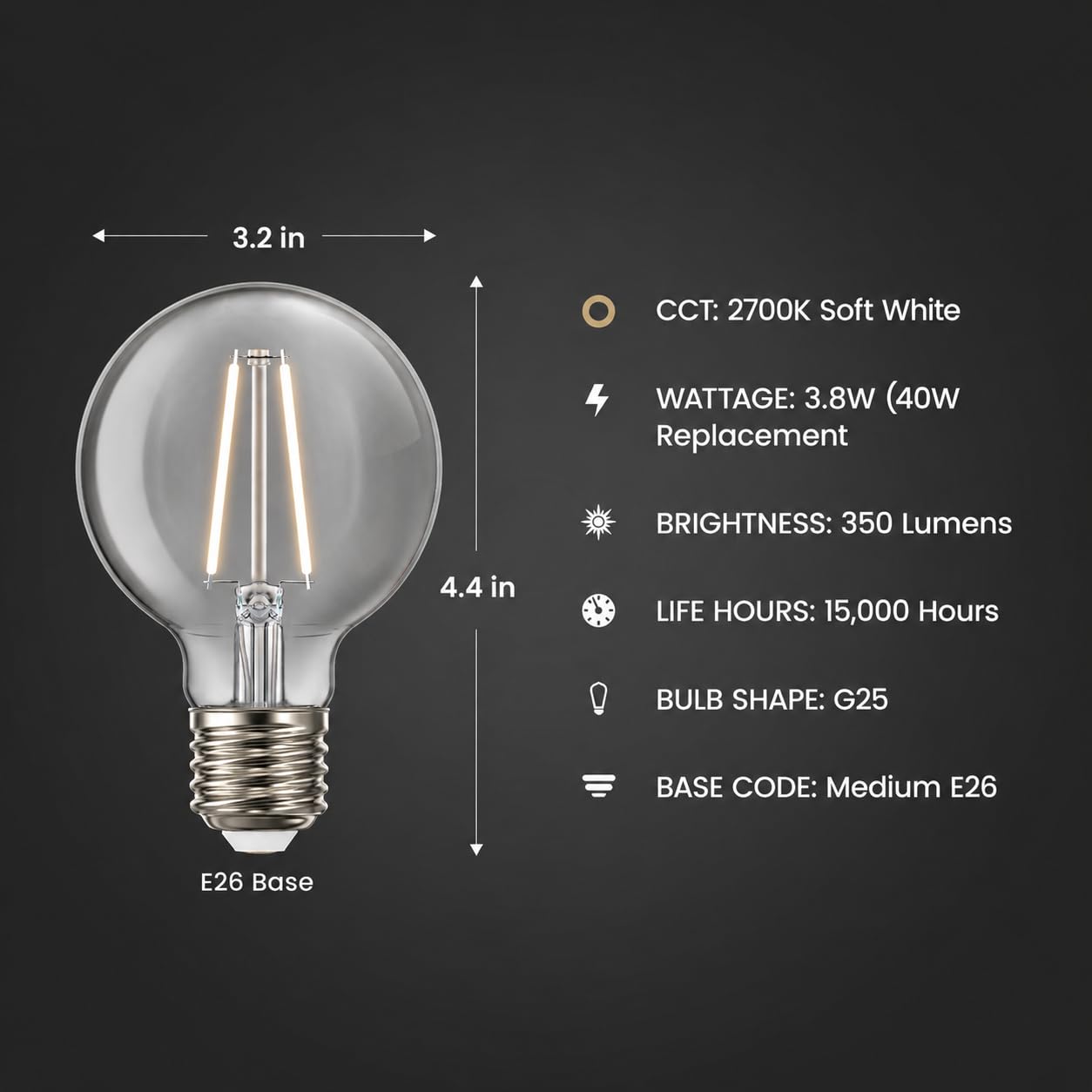 Feit Electric G25 White Filament LED Bulb, 40W Eq, Soft White, 3 Pack
