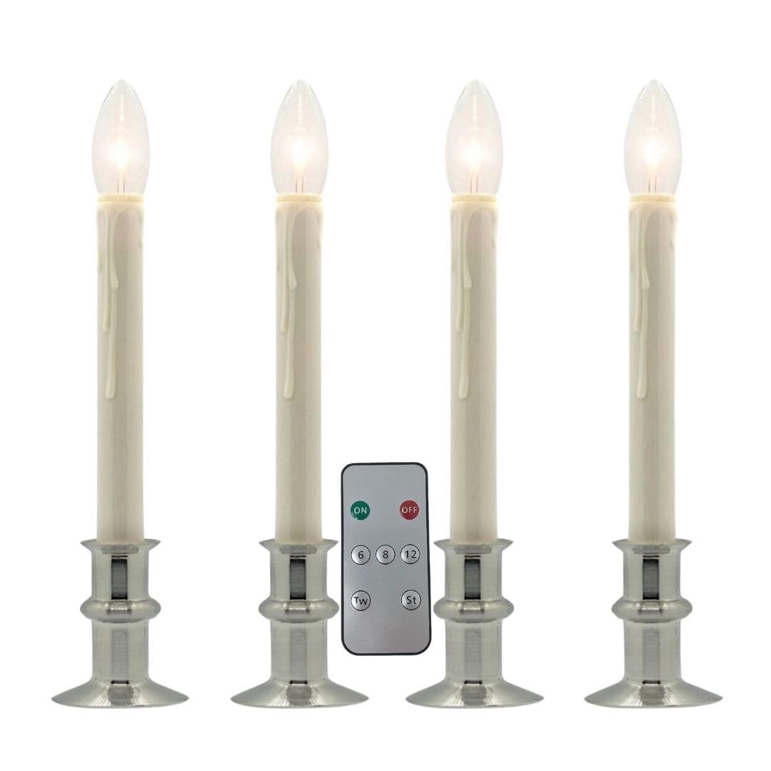 Celestial Lights Battery Operated Traditional Adjustable Window Candles - with Remote - Set of 4 (Brushed Nickel)