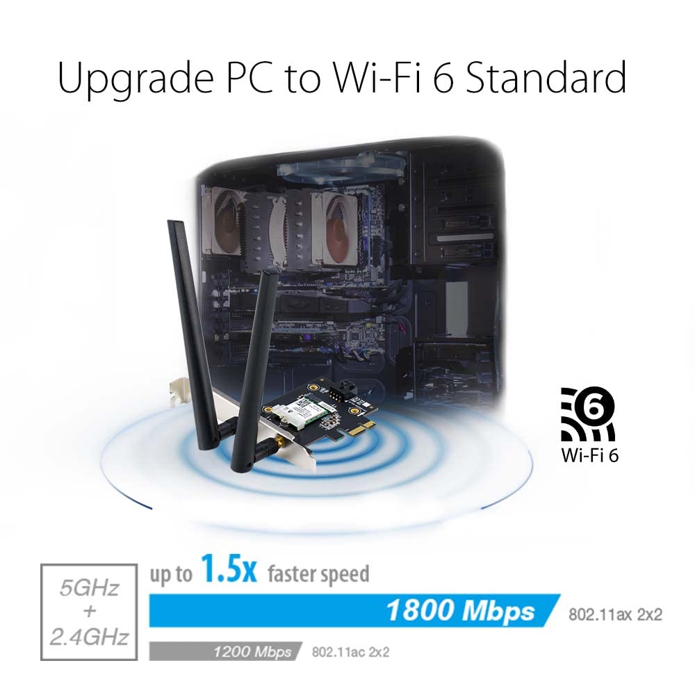 ASUS AX1800 PCIe WiFi Adapter (PCE-AX1800) - WiFi 6, Bluetooth 5.2, Ultra-Low Latency Wireless, 2 External Antenna, Supporting Total Data Rate up