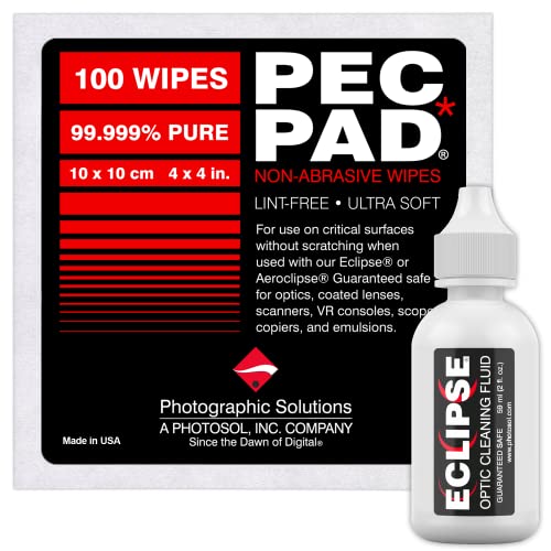PEC-PAD Lint Free Wipes and Eclipse Optic Cleaning Solution - Non-Abrasive 4" x 4" Lens Wipes for Phone, Camera, Computer, and All Sensitive Glass