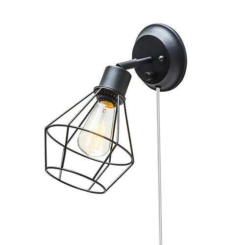 GLOBE Electric 65291 1-Light Plug-in or Hardwire Industrial Cage Wall Sconce, Matte Black Finish, On/Off Rotary Switch, 6ft Clear Cord, Wall Lights